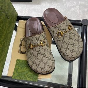 Gucci Beige and Brown Mules with Gold Accents
